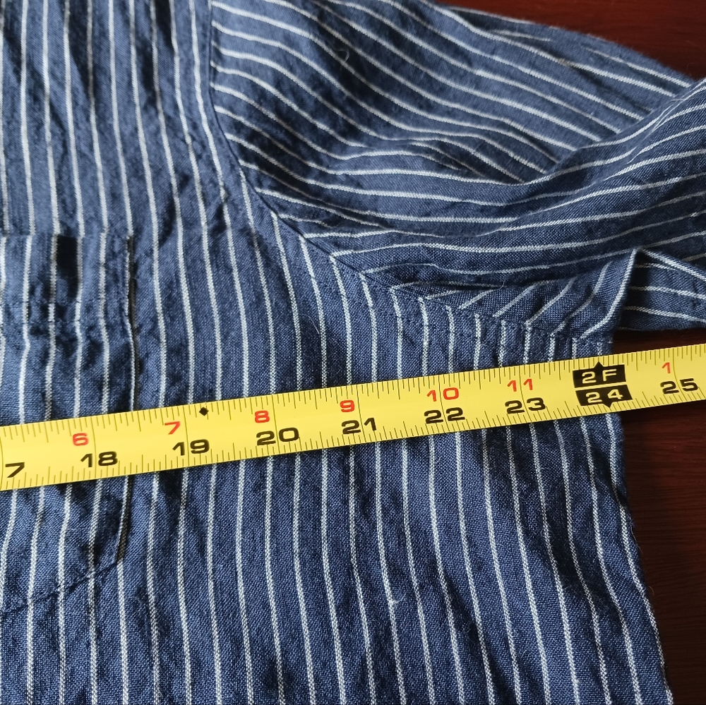 L. L. Bean 100% Linen Button Front Shirt Navy and White Pinstripes 1X EUC - Picture 6 of 9